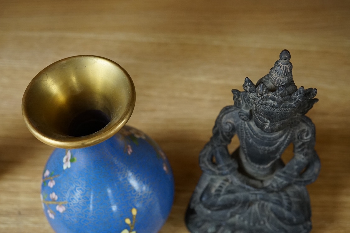 A Chinese blue cloisonné enamel vase and a Tibetan bronze of a Tara, tallest 17cm